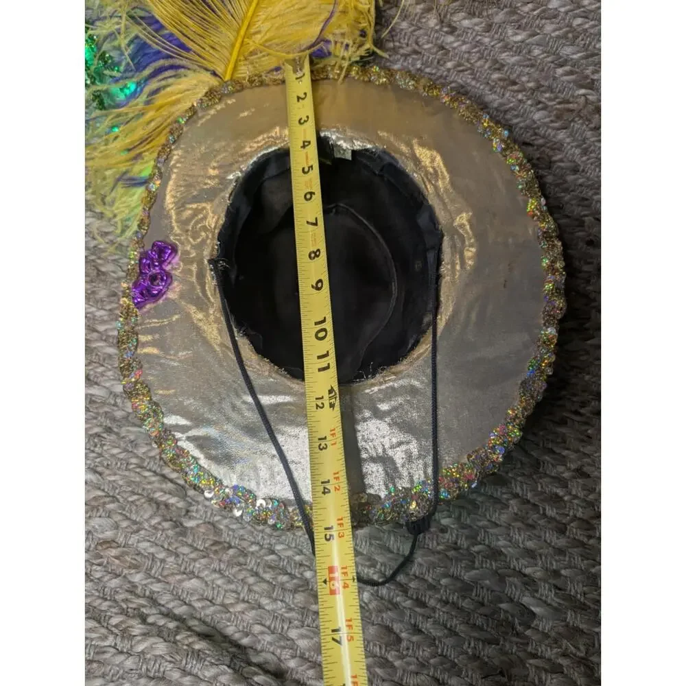 Adult Green Light Up Mardi Gras Gold Top Hat Feathers Halloween Costume Unisex